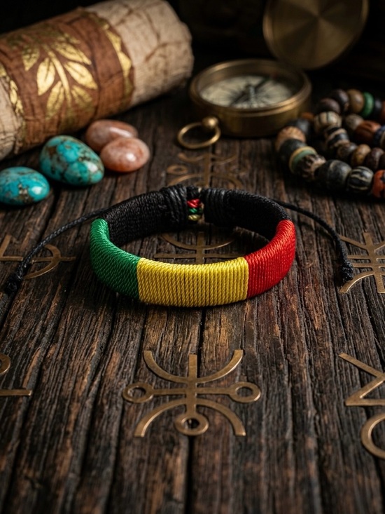 Hand Crafted Other - Hand Crafted Green Yellow Red Woven Cord Leather Bracelet